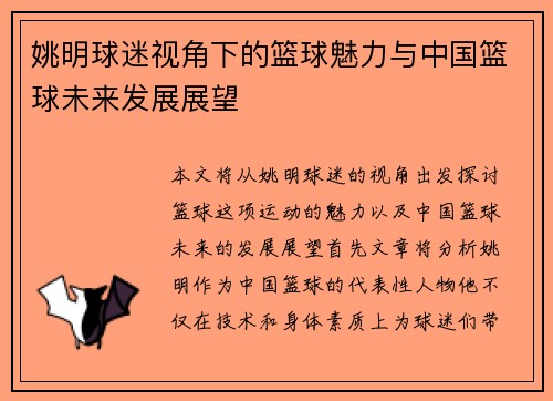 姚明球迷视角下的篮球魅力与中国篮球未来发展展望
