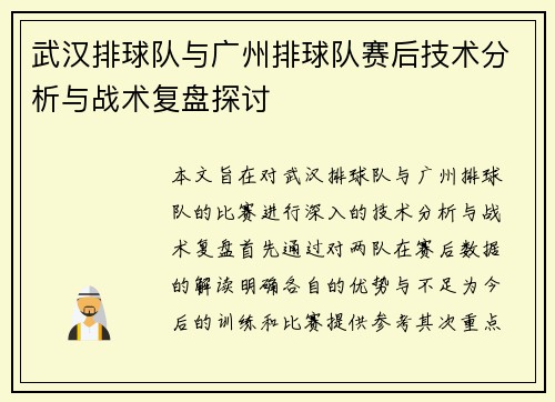 武汉排球队与广州排球队赛后技术分析与战术复盘探讨