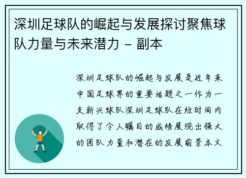 深圳足球队的崛起与发展探讨聚焦球队力量与未来潜力 - 副本