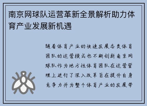 南京网球队运营革新全景解析助力体育产业发展新机遇