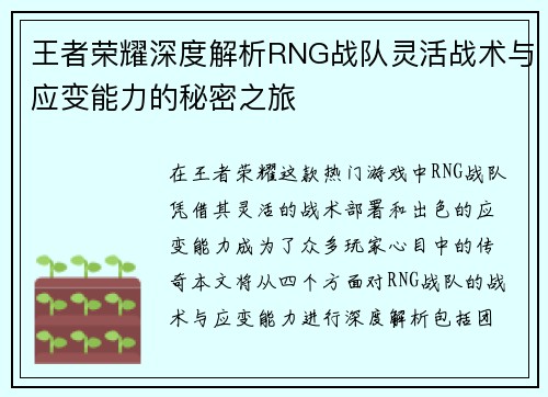 王者荣耀深度解析RNG战队灵活战术与应变能力的秘密之旅